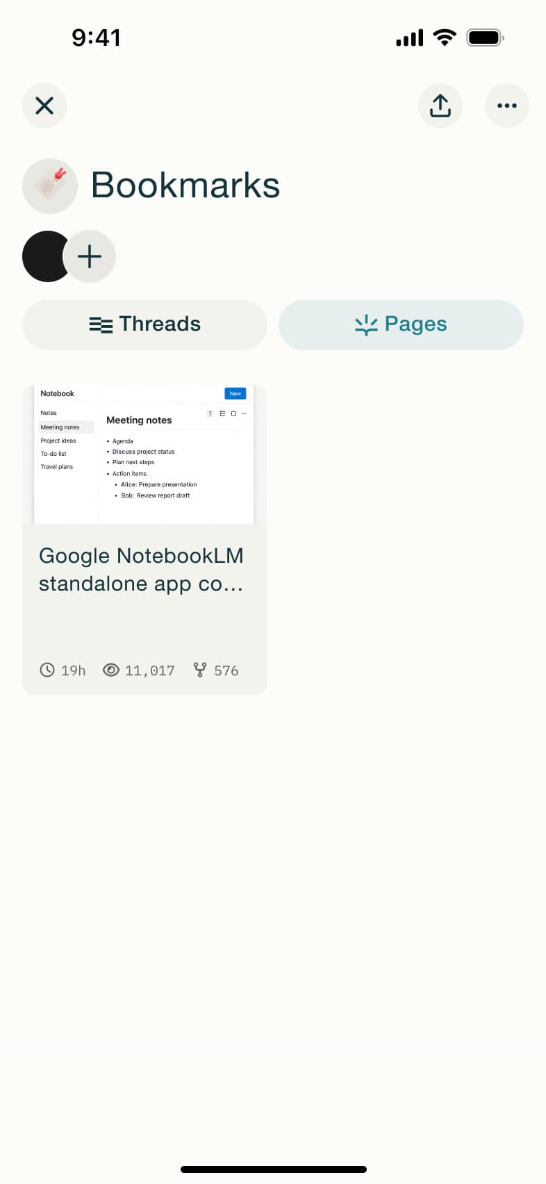 Bookmarks pages tab with one saved page.