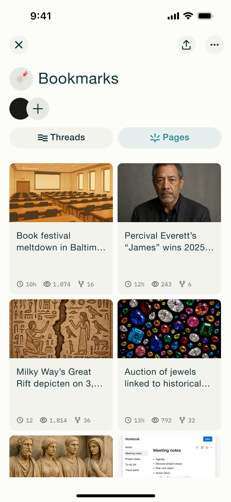 Bookmarks pages grid with many stories.