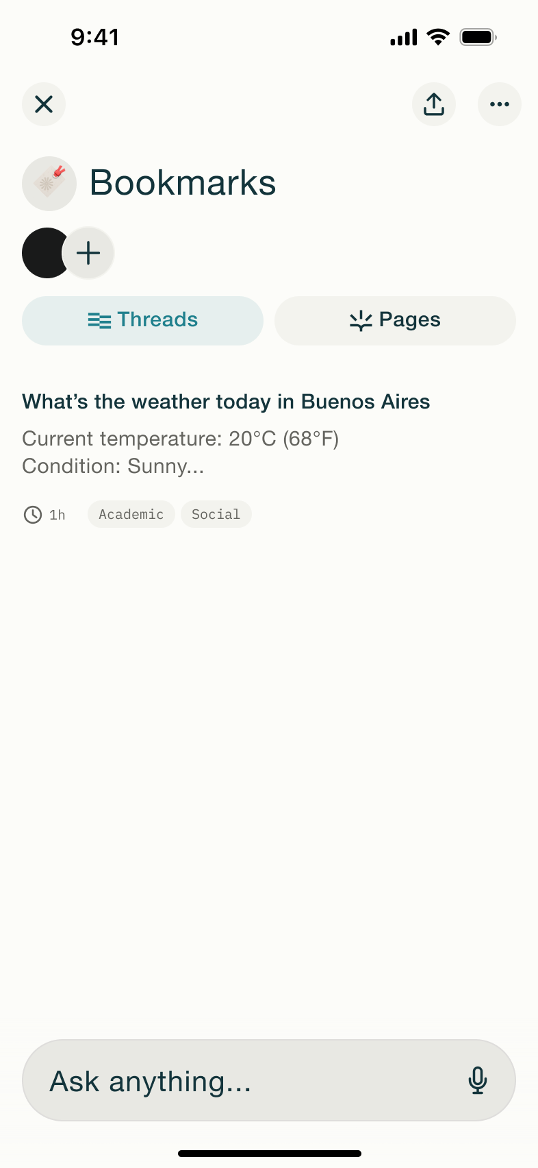 Bookmarks threads tab with one thread.