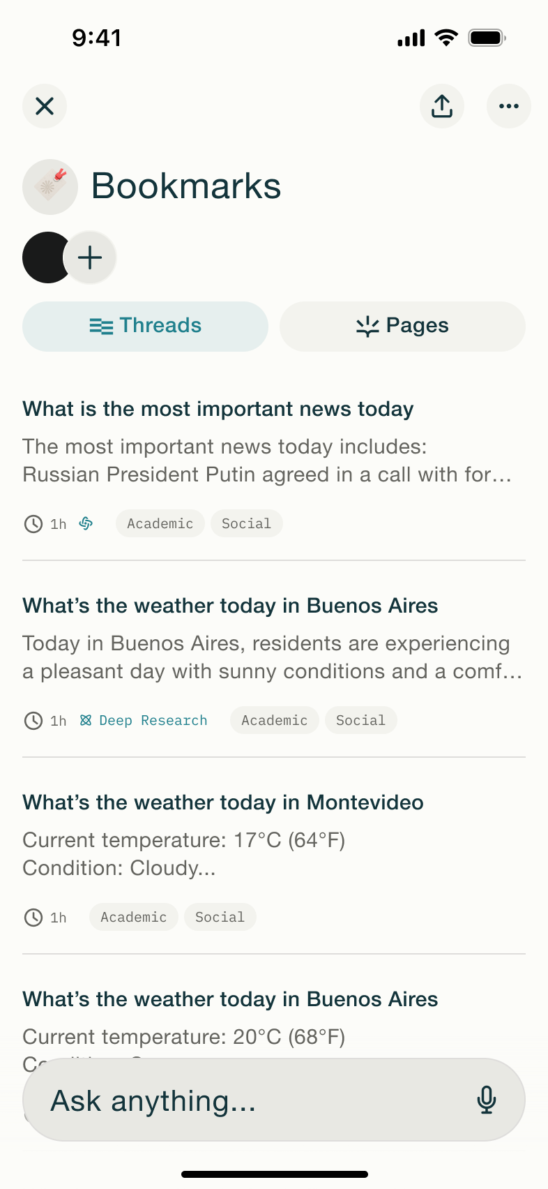 Bookmarks threads tab with several threads.