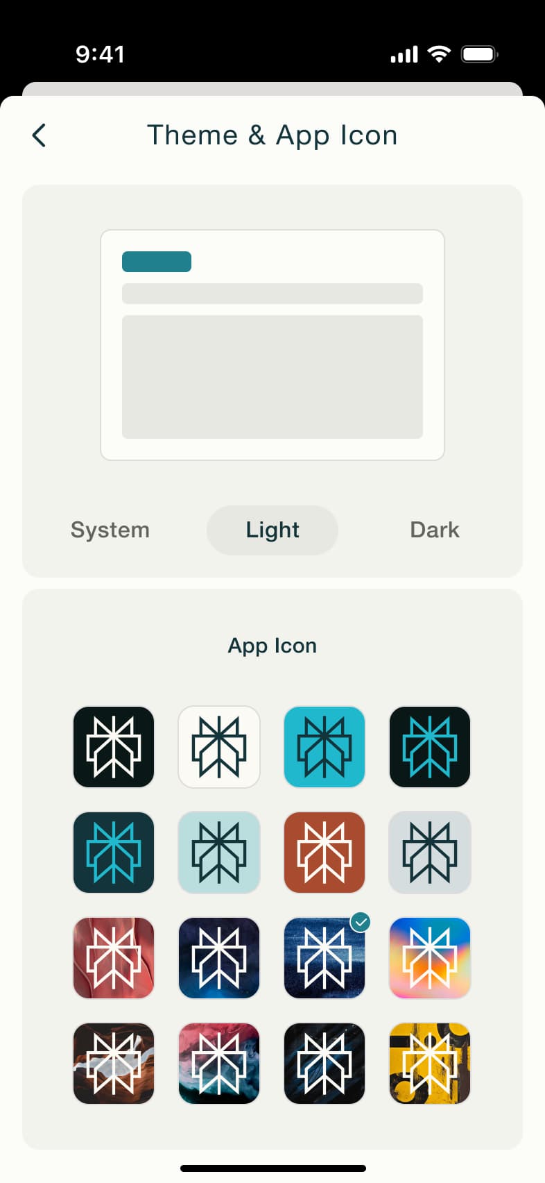 Light theme selected.