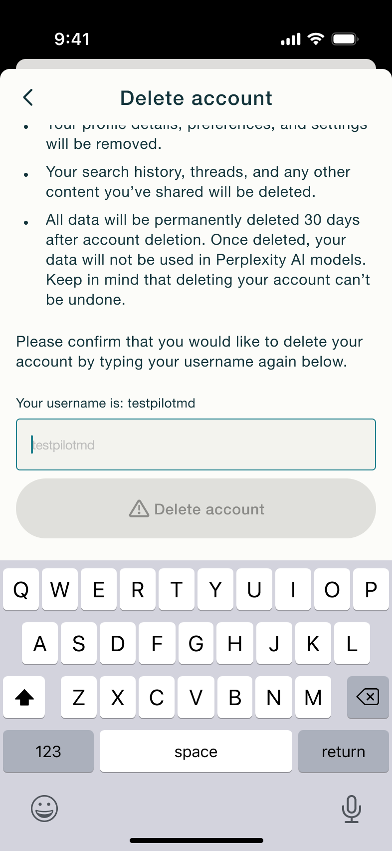 Delete account confirmation field focused.