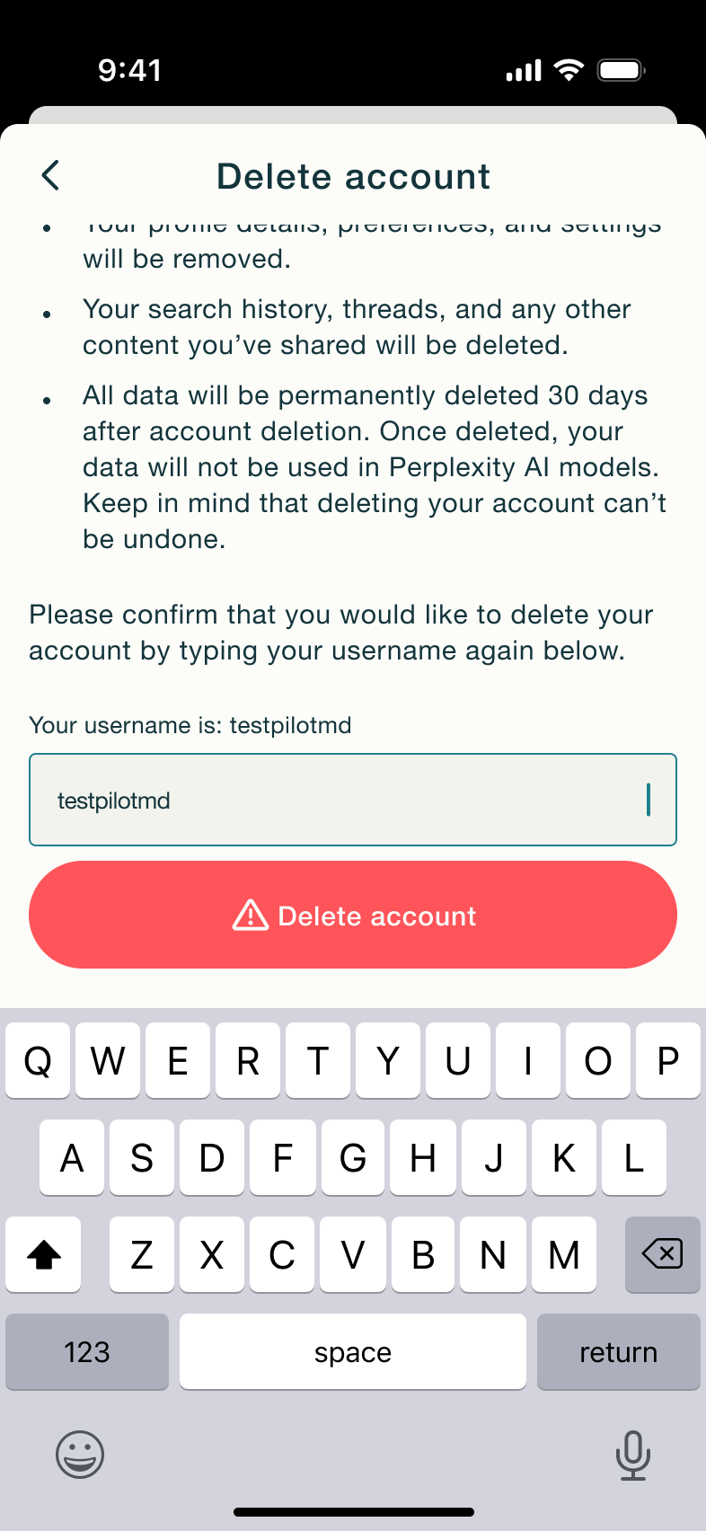 Username typed, delete account enabled.