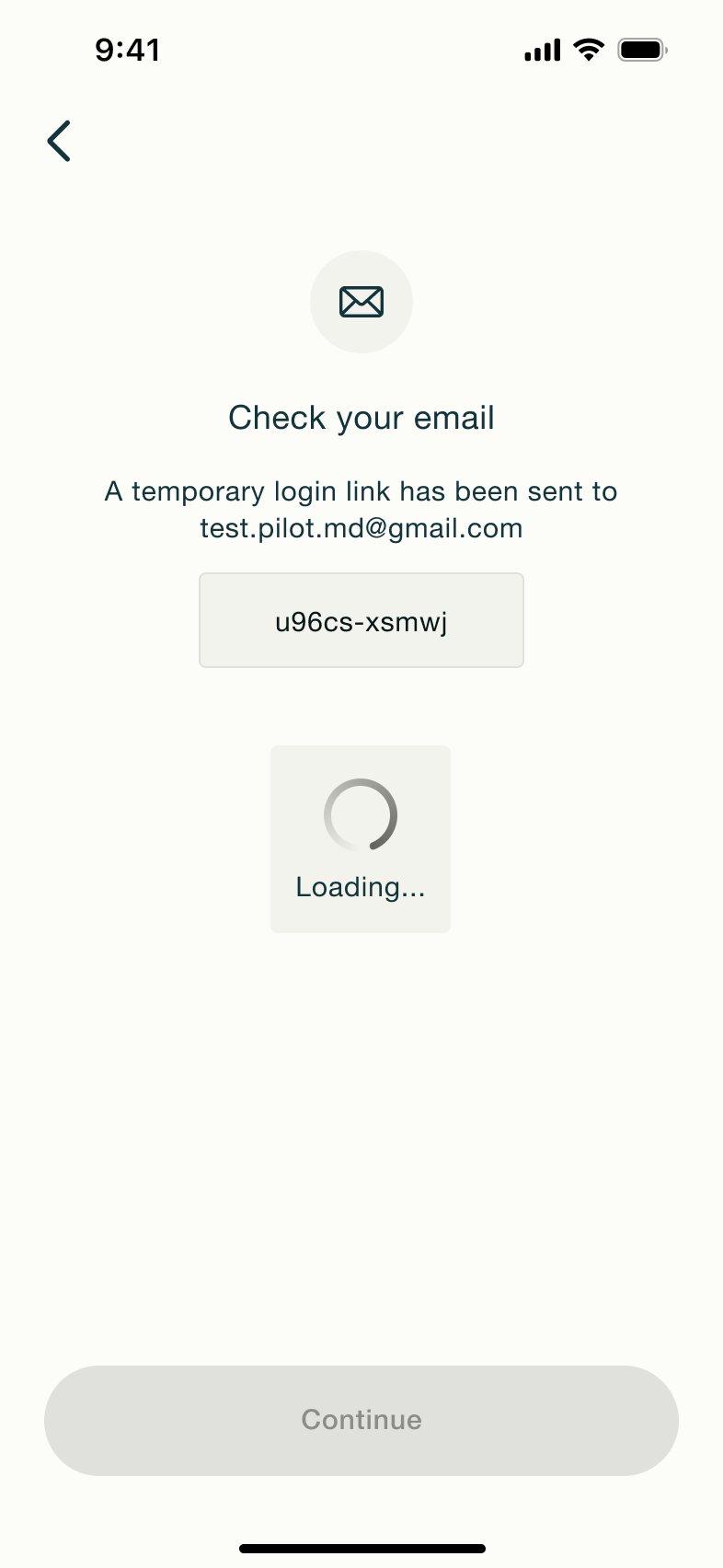 Check your email: temporary login link sent with code, loading.