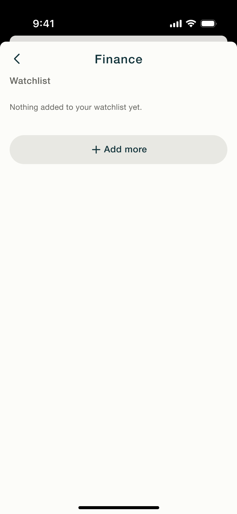 Finance watchlist empty with add more.
