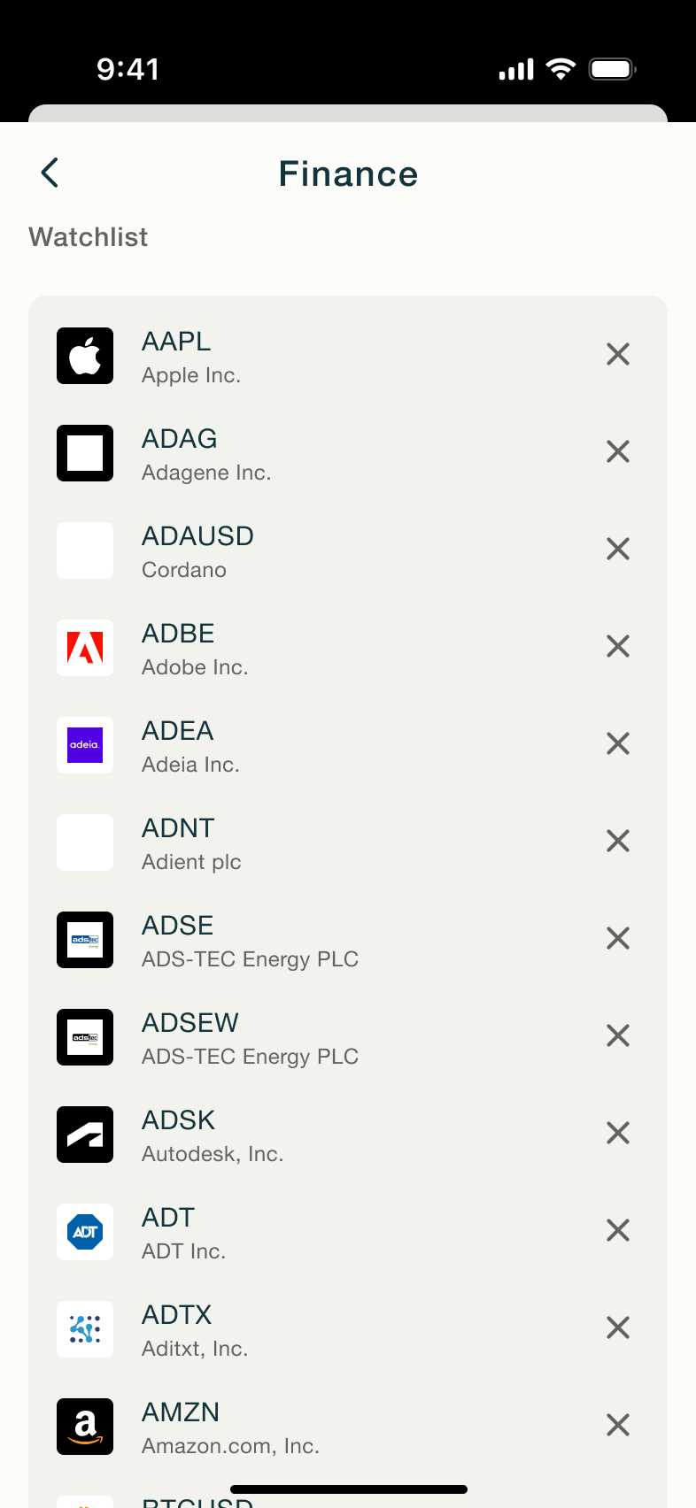 Finance watchlist with many tickers.