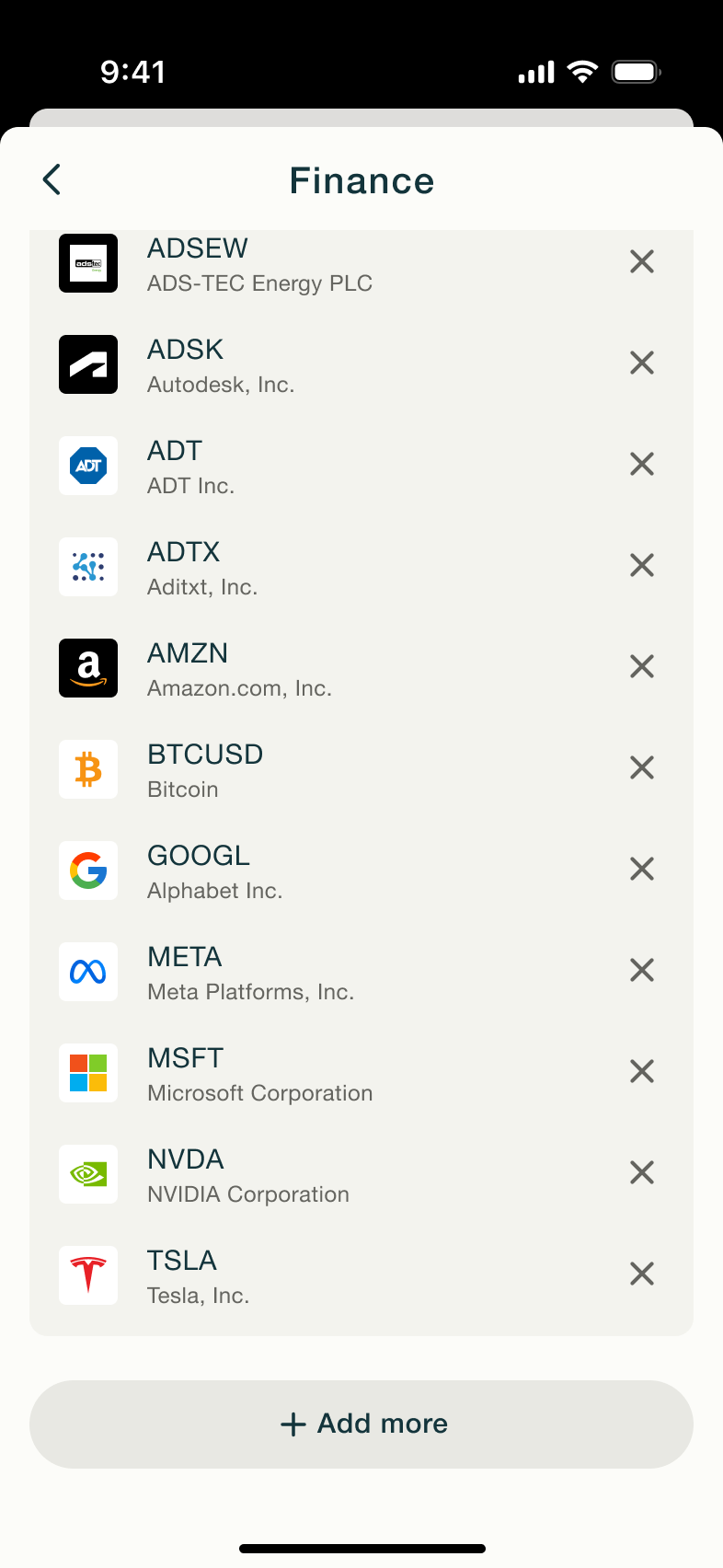 Finance watchlist scrolled with add more.