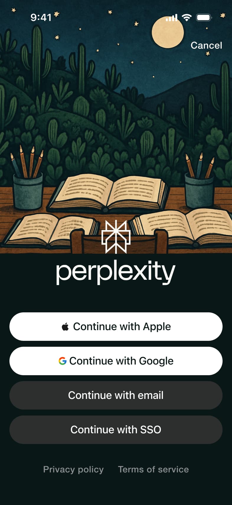 Log in: Apple, Google, email or SSO.