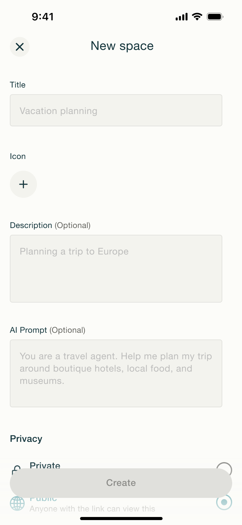 New space: title, icon, description, AI prompt and privacy.