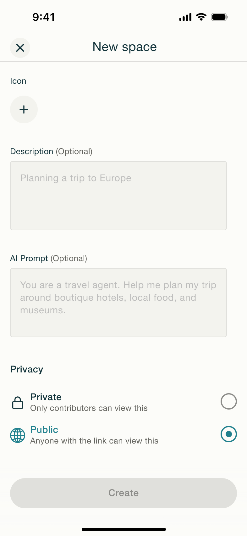 New space scrolled with privacy public selected.