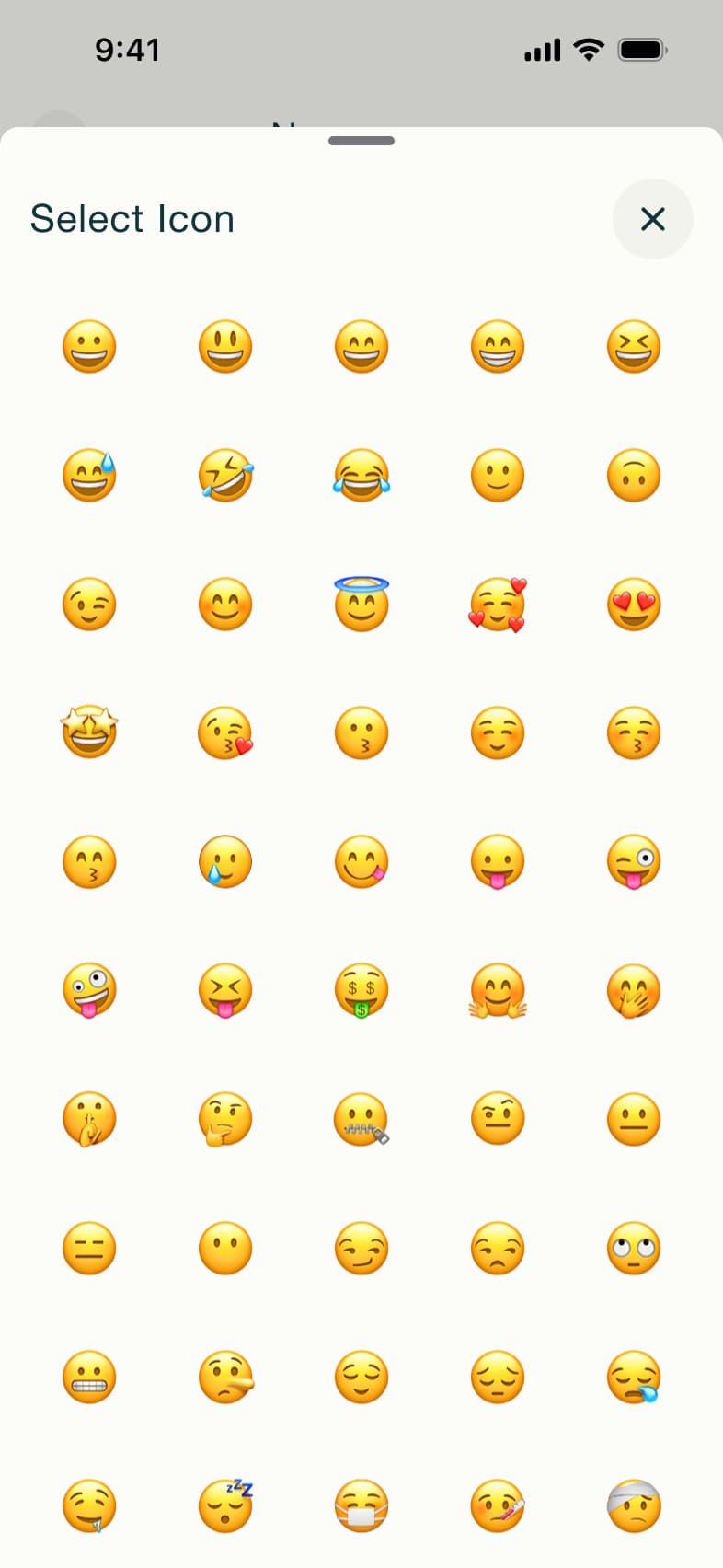 Select icon sheet with emoji grid.