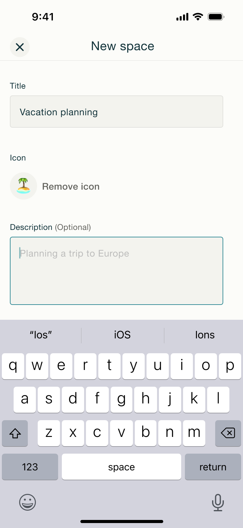 New space with title and icon, description focused.