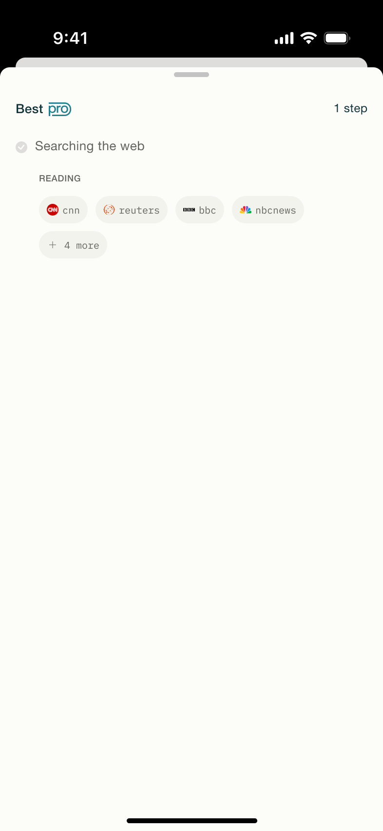 Pro search steps: searching the web with source chips.
