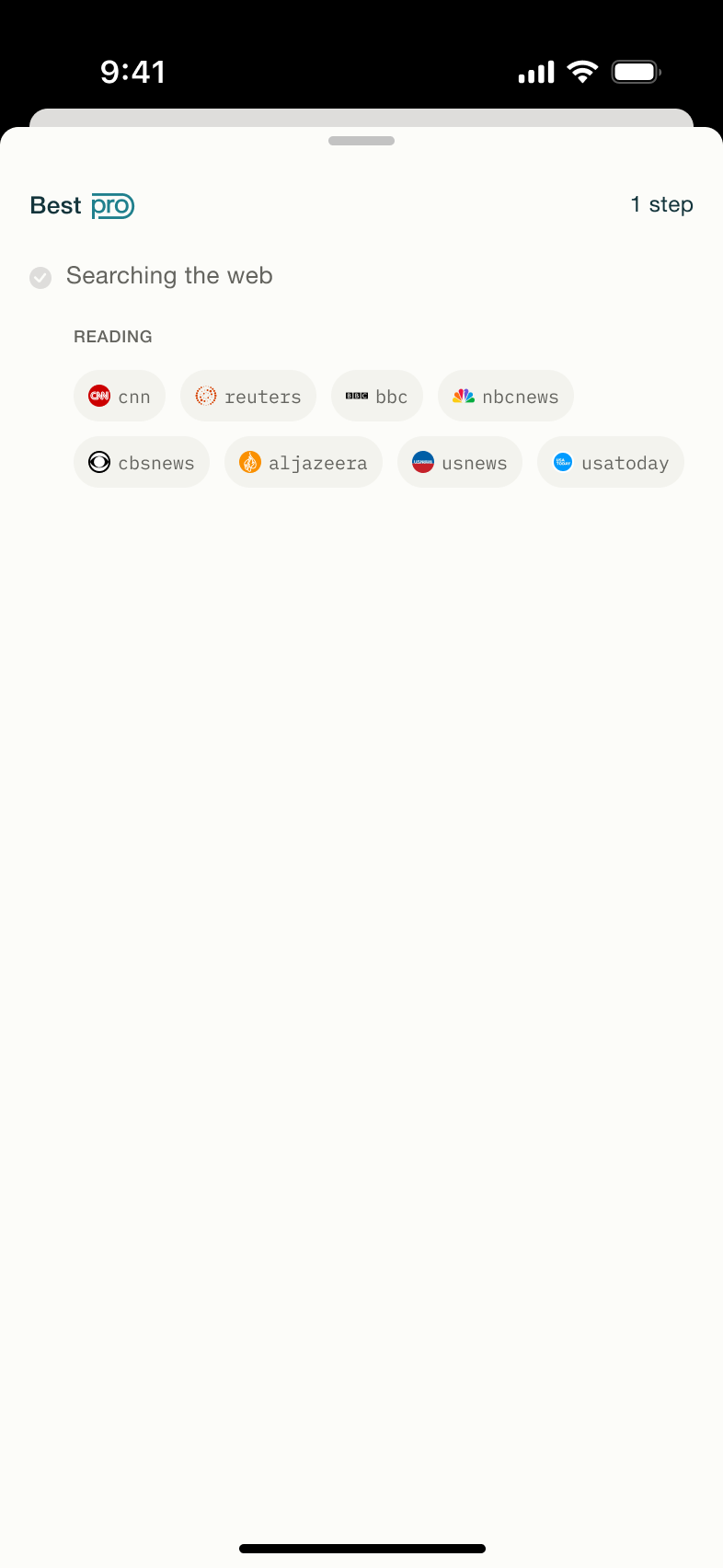 Pro search steps with reading sources.
