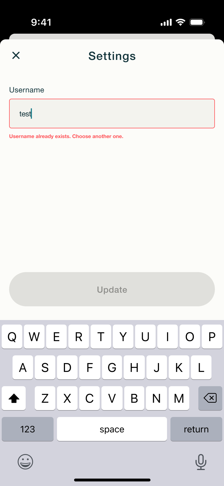 Username already exists error.