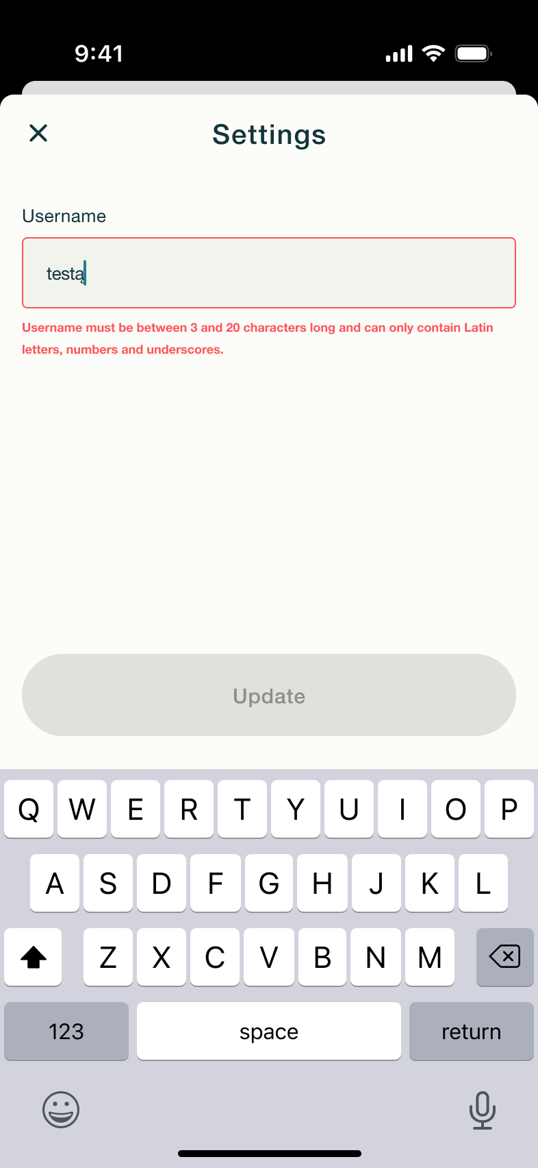 Username length and characters error.