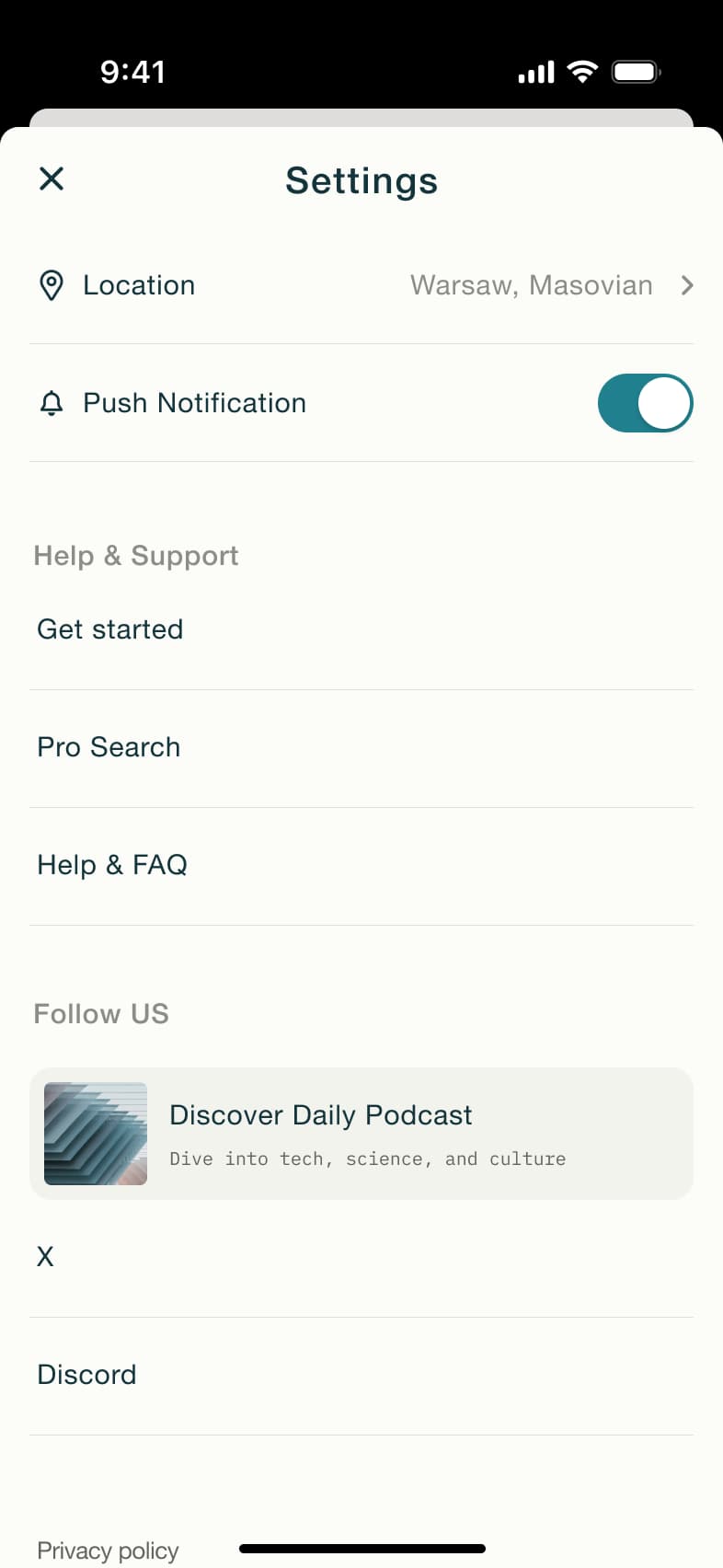 Settings with push notifications on.
