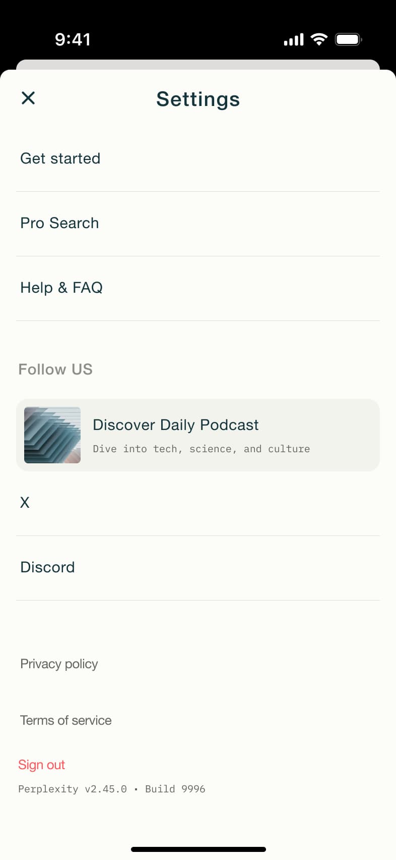 Settings end: legal links and sign out.