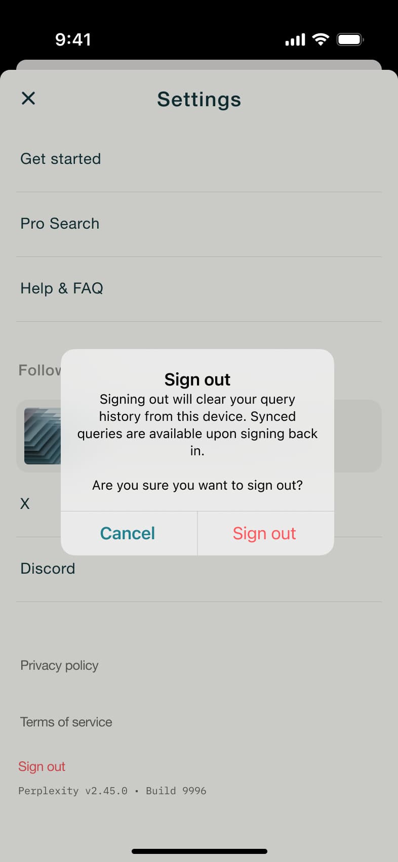 Sign out dialog: clears query history on device.
