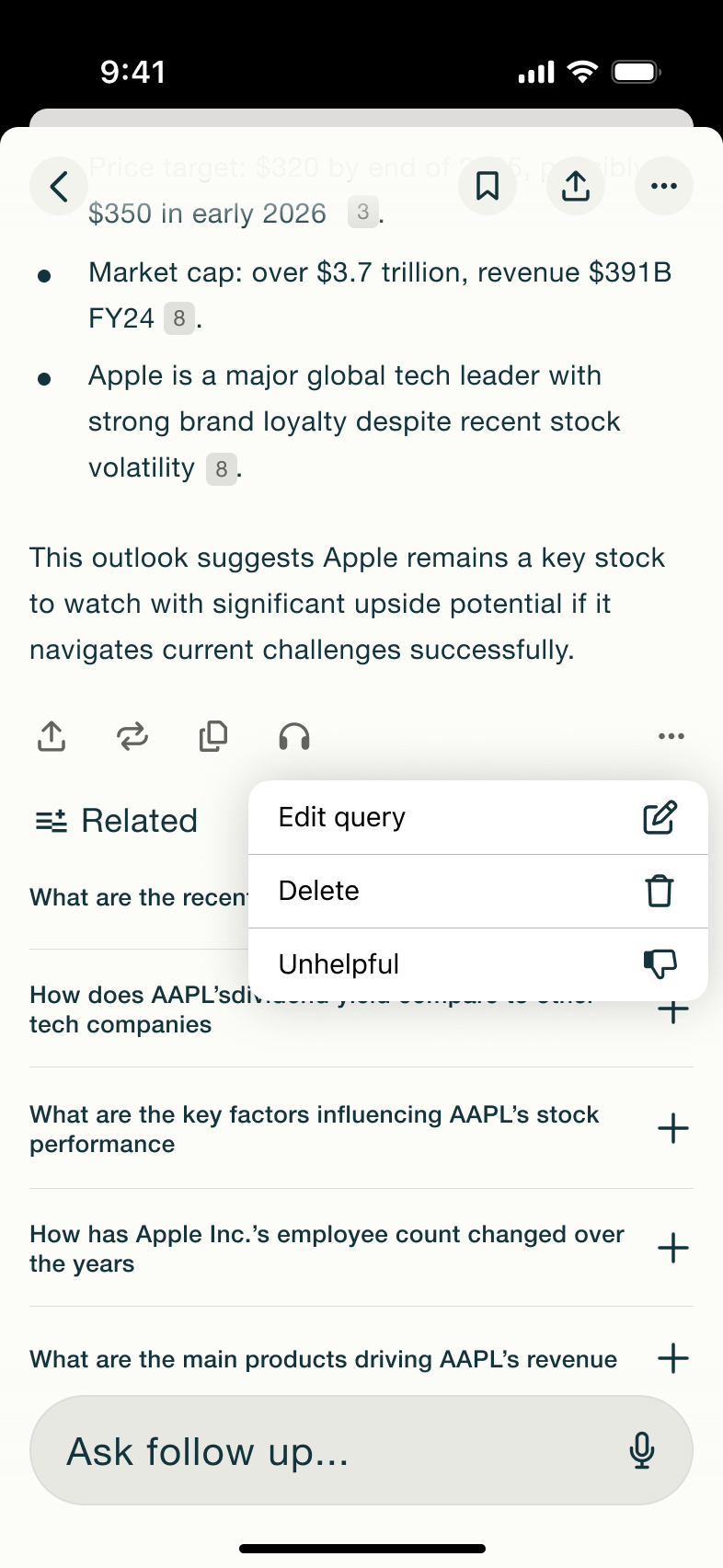 Answer menu: edit query, delete, unhelpful.
