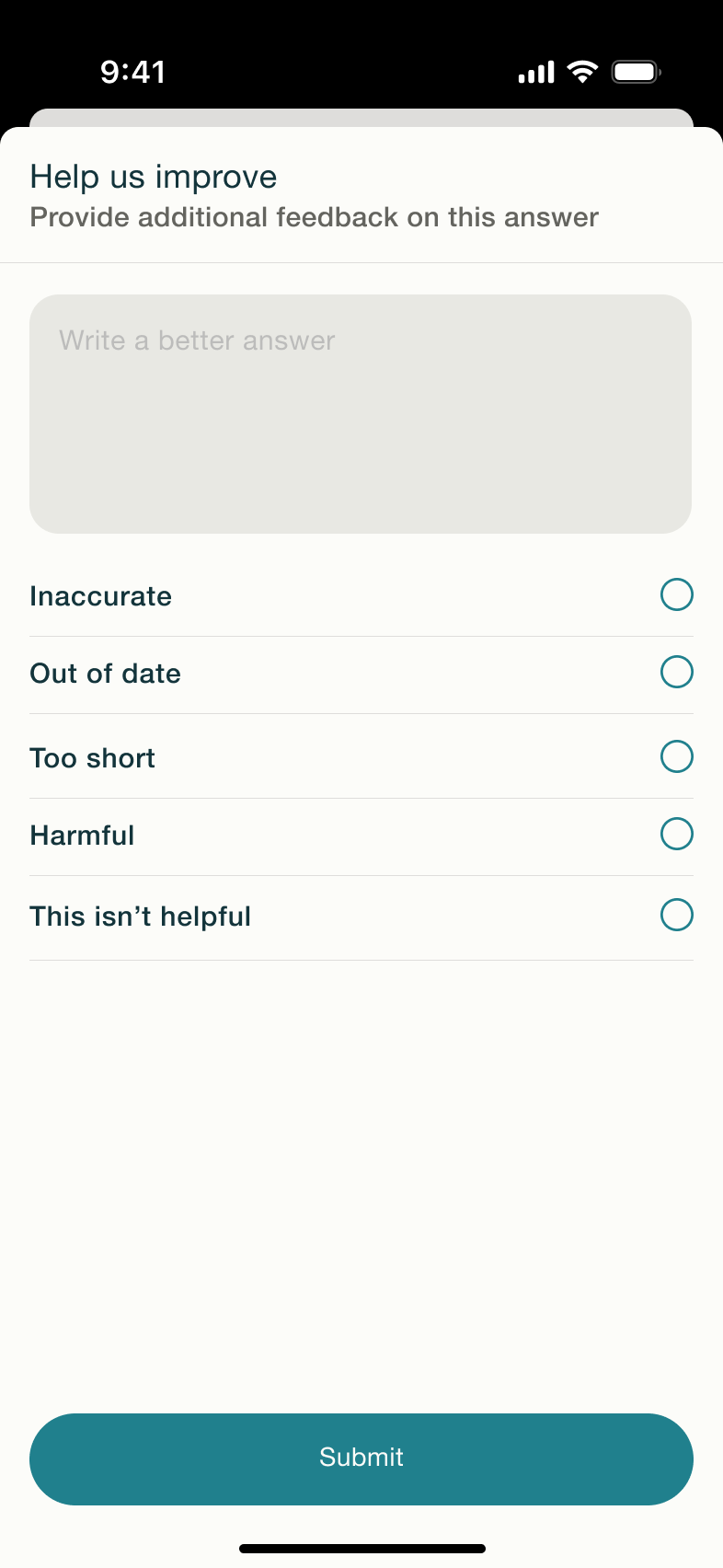 Help us improve: feedback text and reasons for the answer.