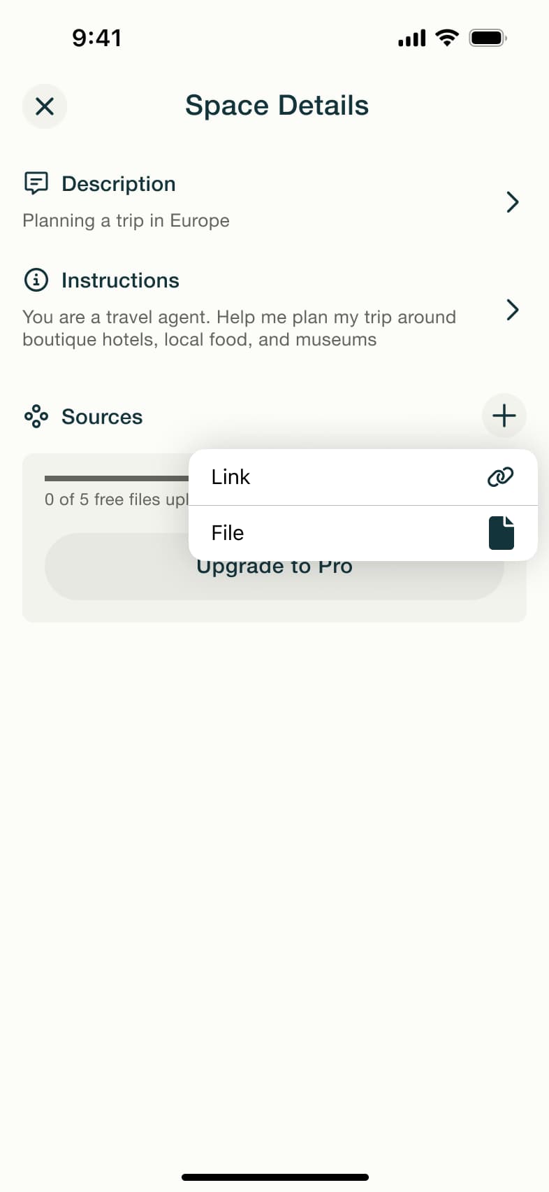 Add source menu: link or file, with file uploading.
