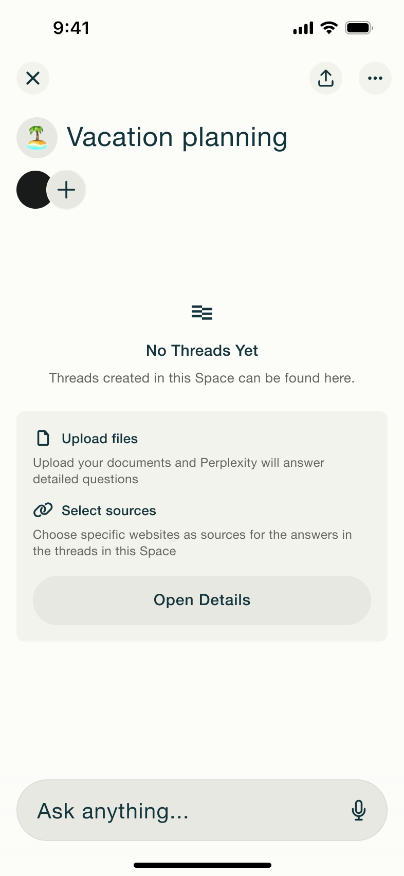 Space page: no threads yet, upload files and select sources.
