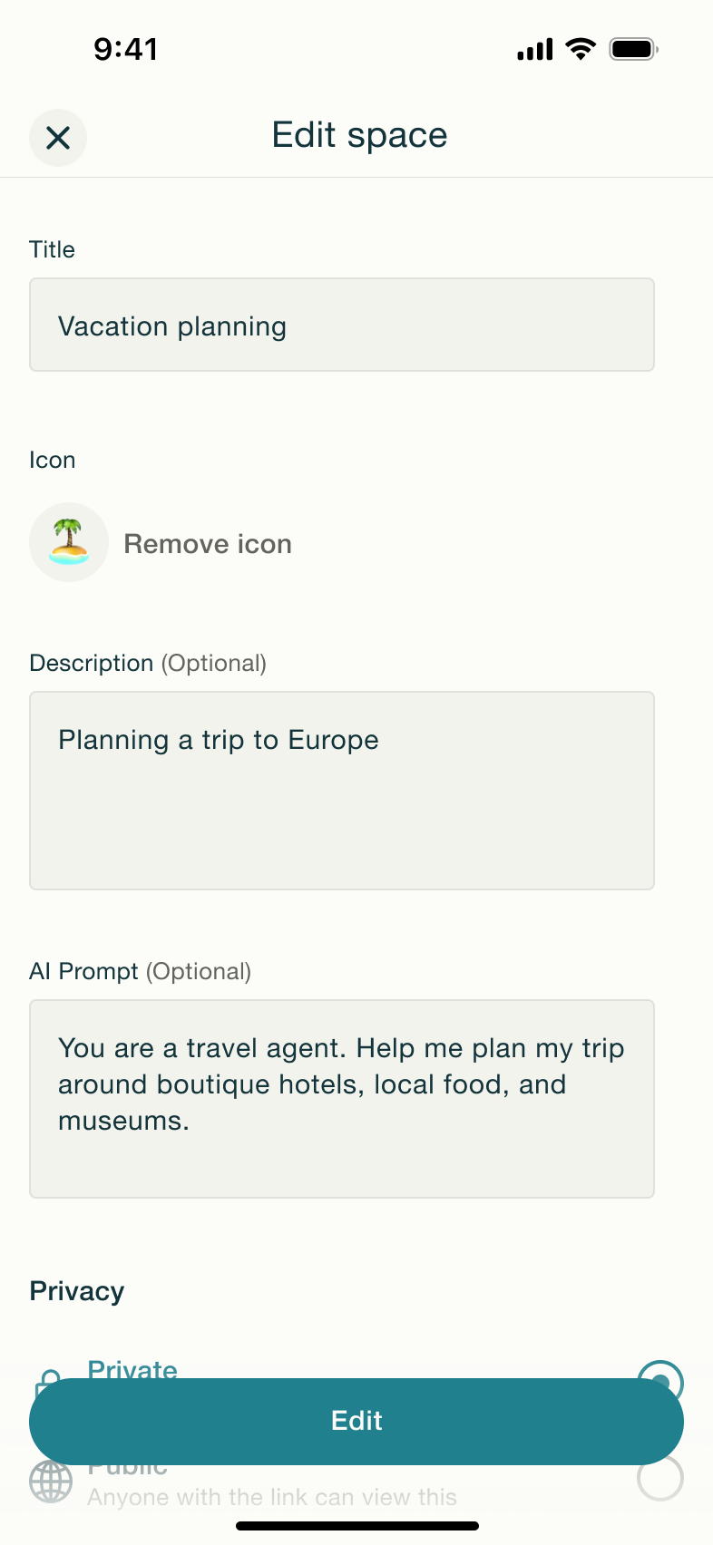 Edit space form with edit button.