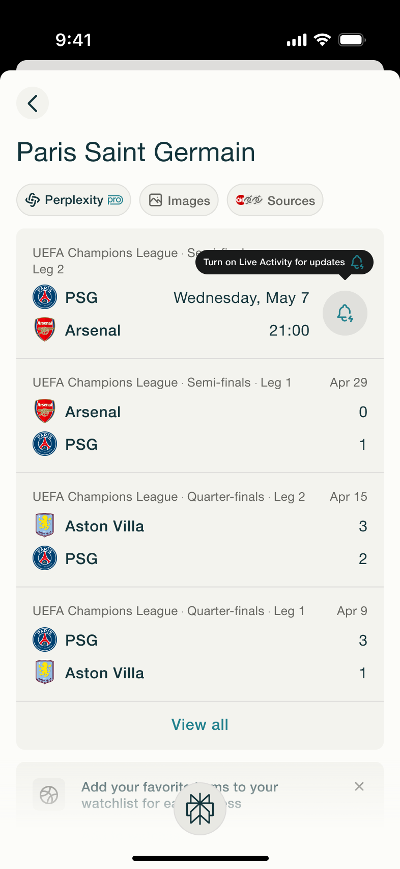 Sports team answer: fixtures with live activity tooltip.