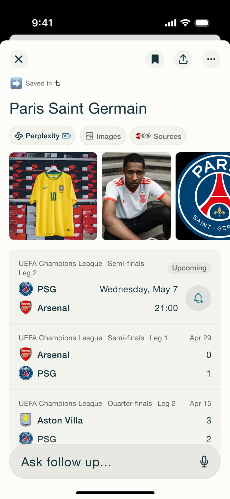 Sports answer saved with images and fixtures.
