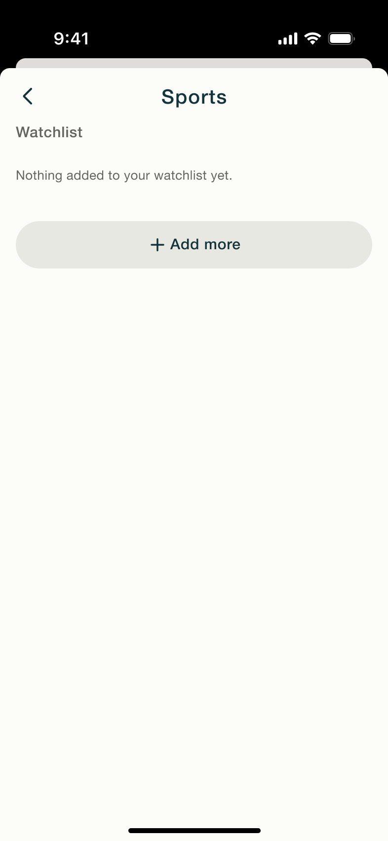 Sports watchlist empty with add more.