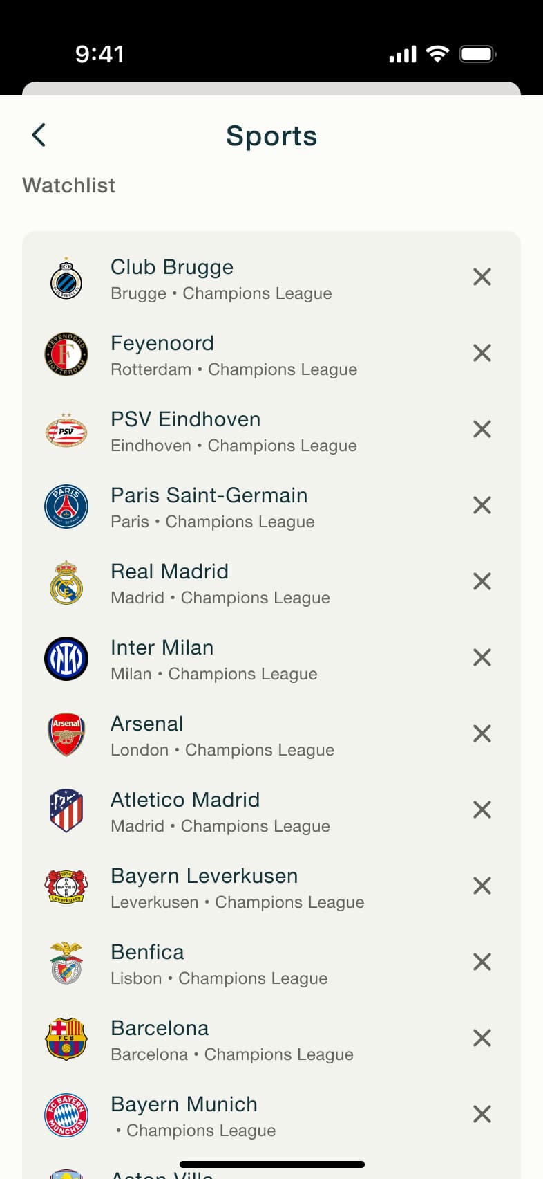 Sports watchlist with many teams.