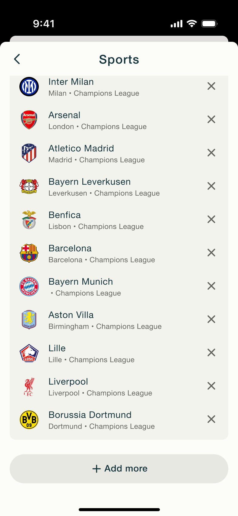 Sports watchlist scrolled with add more.
