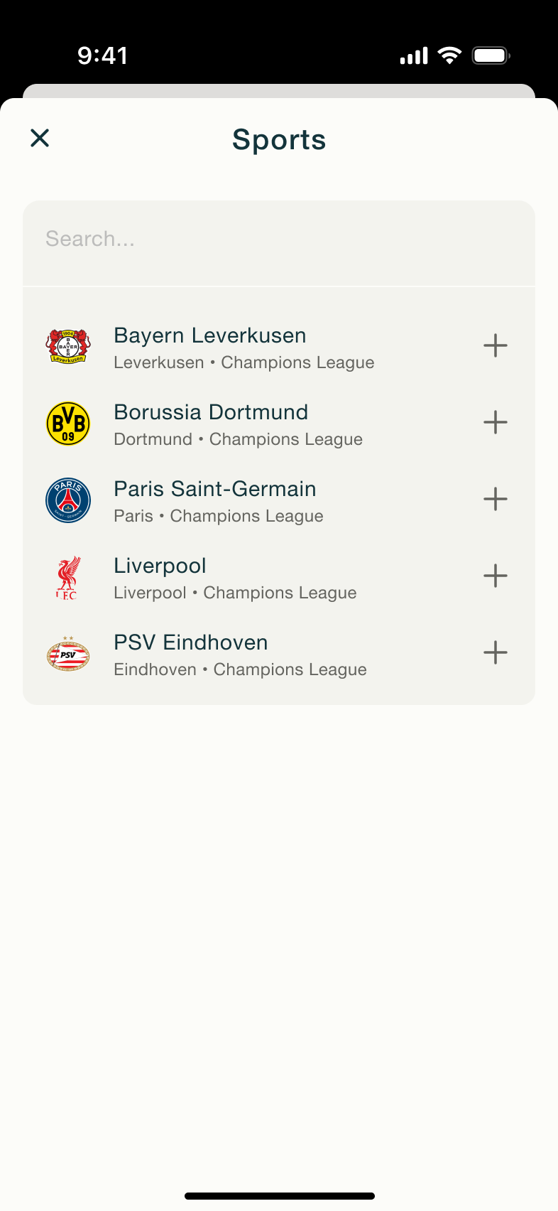 Add to sports watchlist: search with suggested teams.