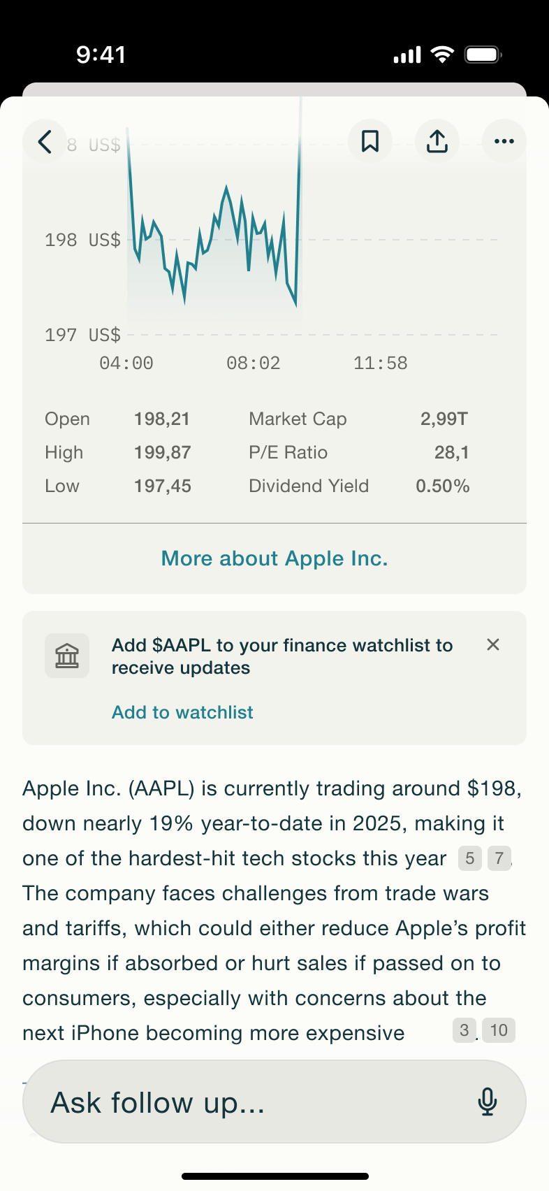 Stock answer scrolled: stats, more about the company and narrative.