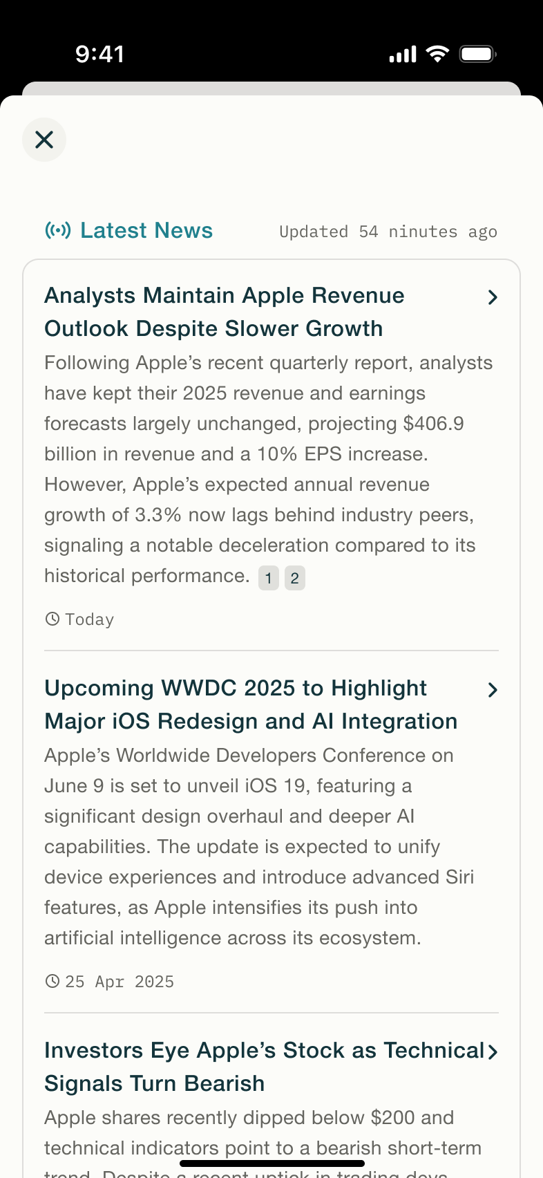 Latest news about a stock with summaries and timestamps.