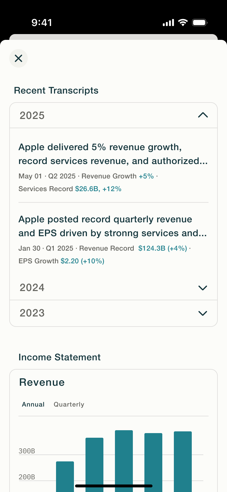 Recent transcripts and income statement chart.
