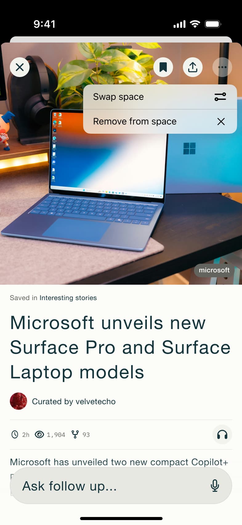 Story bookmark menu: swap space or remove.