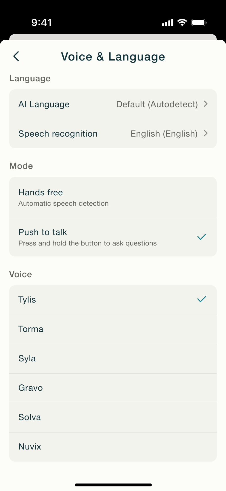 Voice and language with push to talk mode selected.