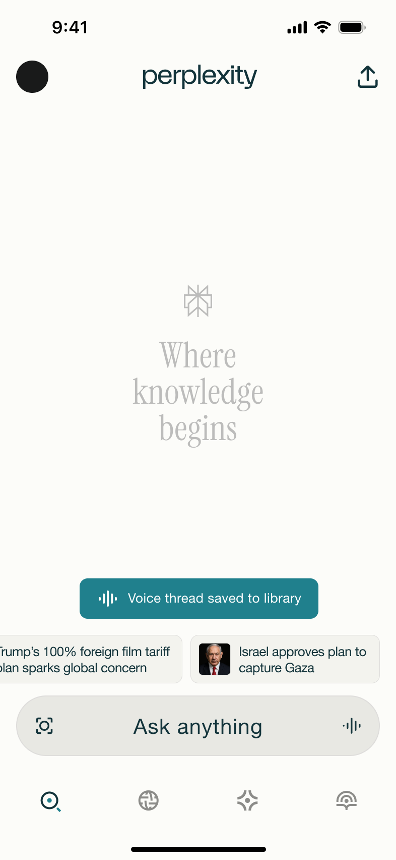 Home with voice thread saved to library toast.