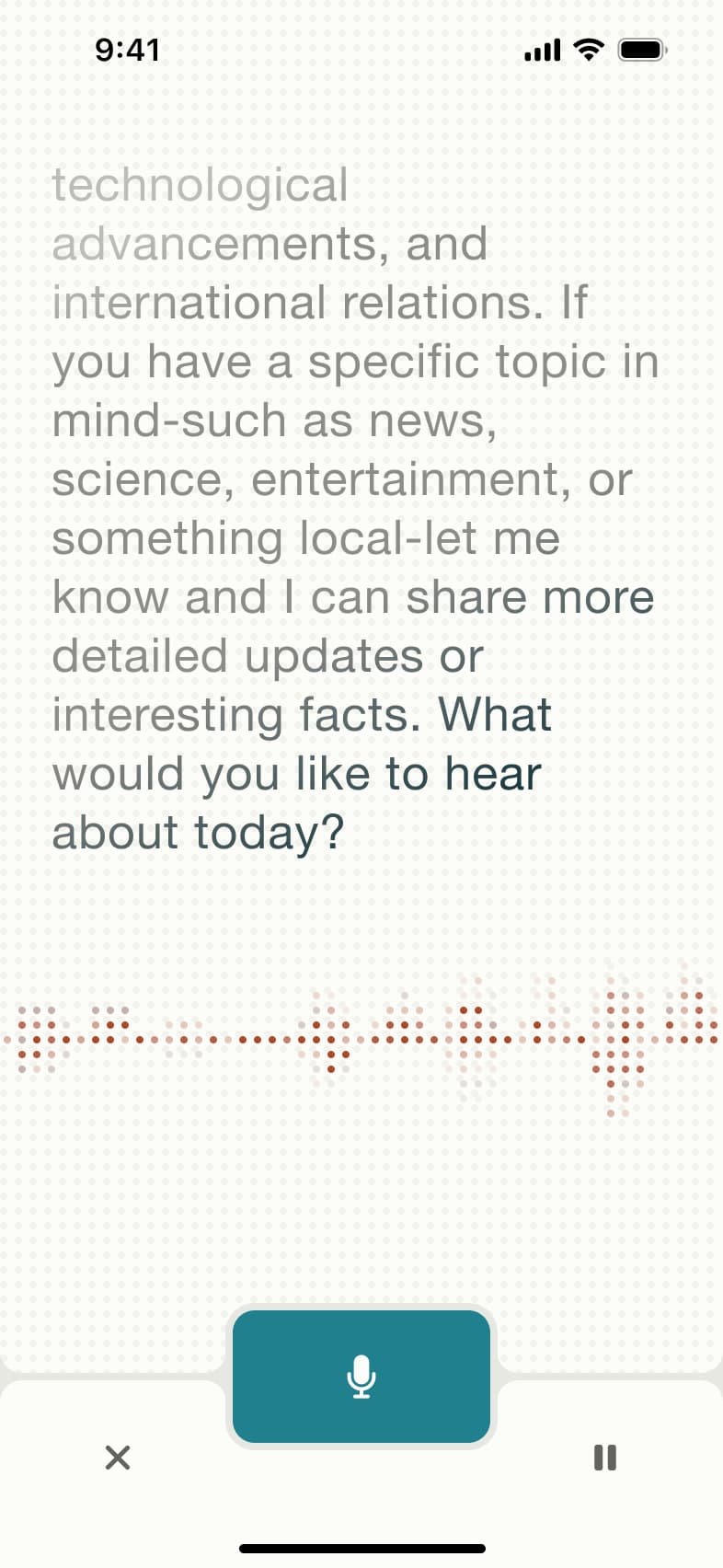 Voice search: assistant reply shown as large text.