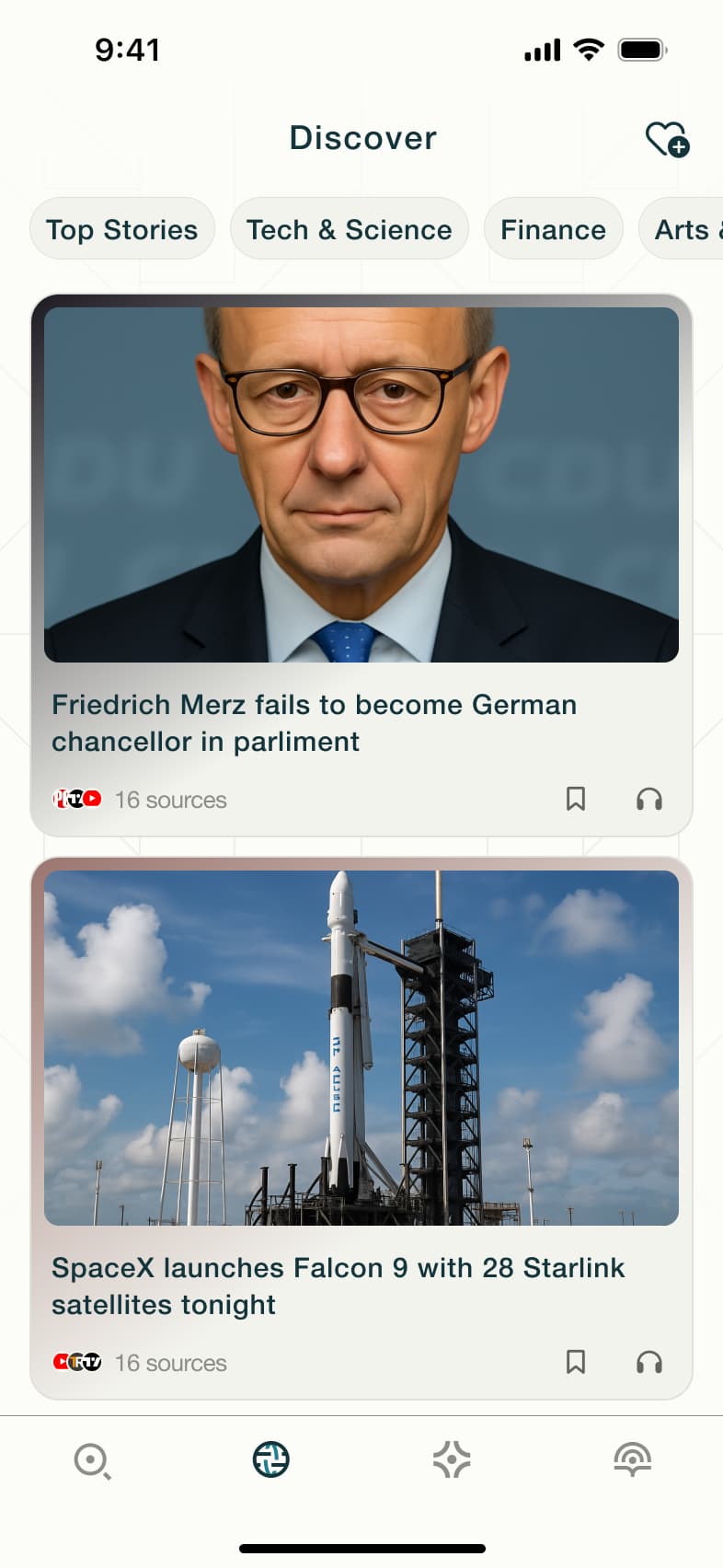 Discover feed: topic chips and news cards with sources.