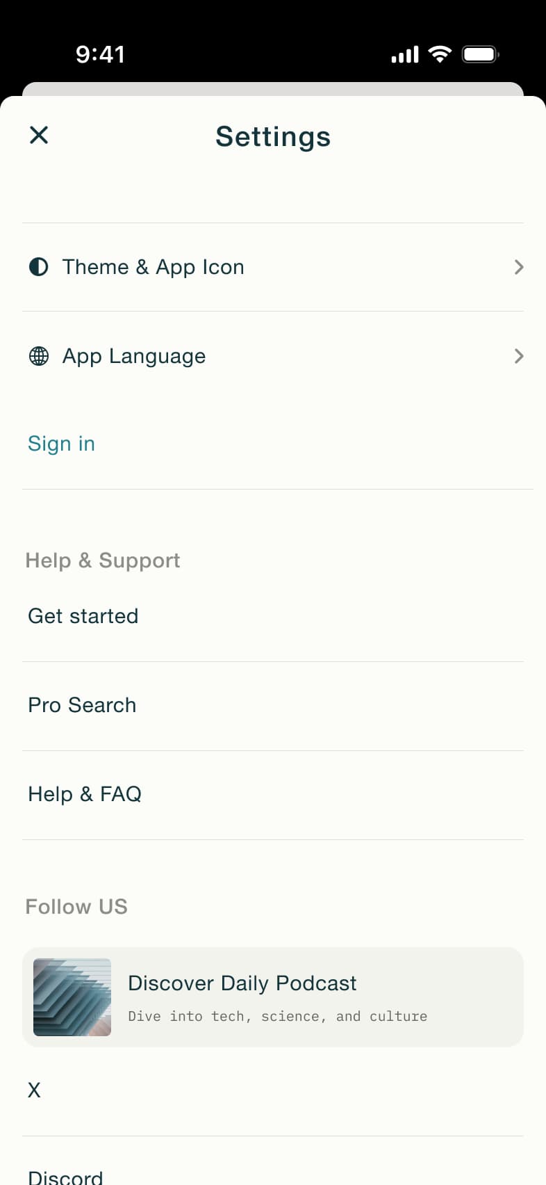 Settings signed out: theme, language, sign in, help and follow us.