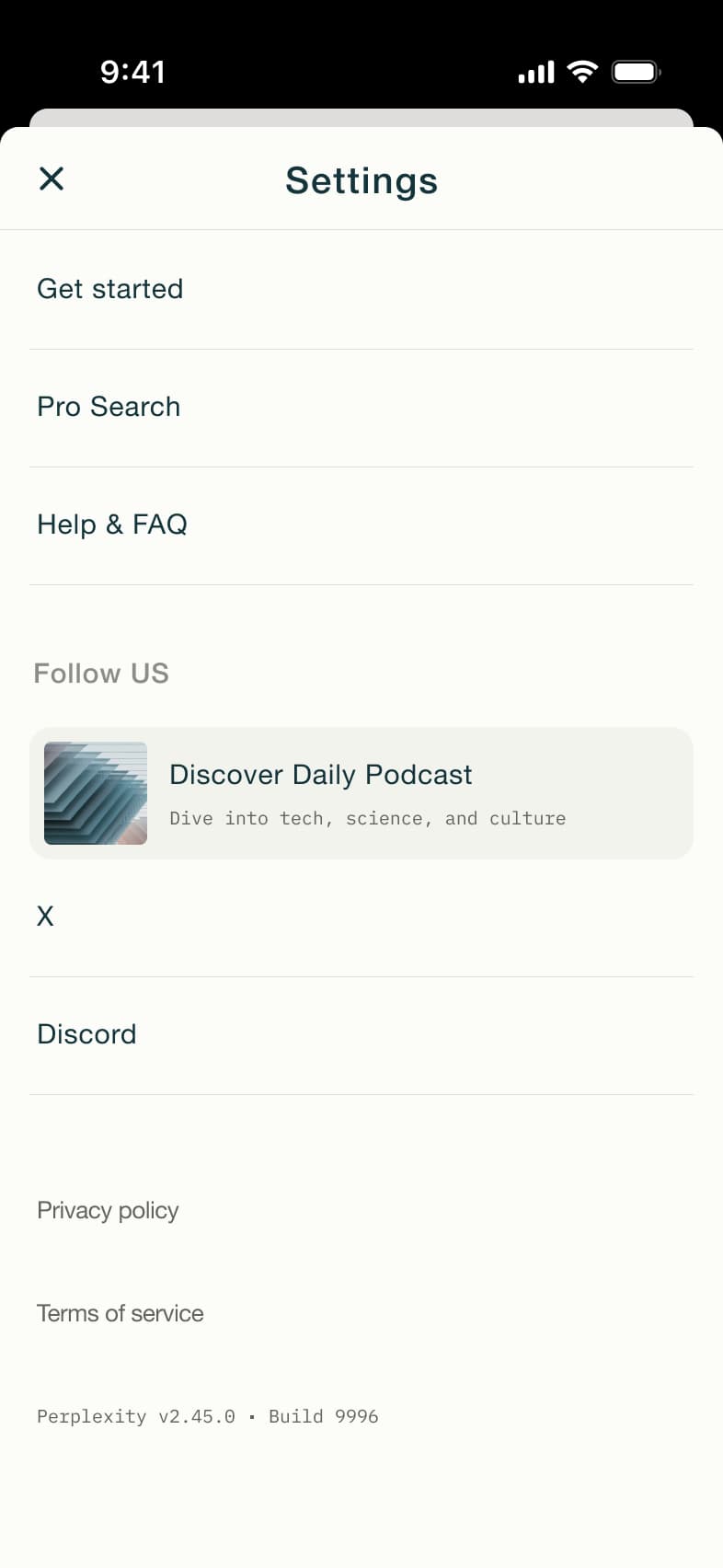 Settings signed out scrolled: help, follow us, legal and version.