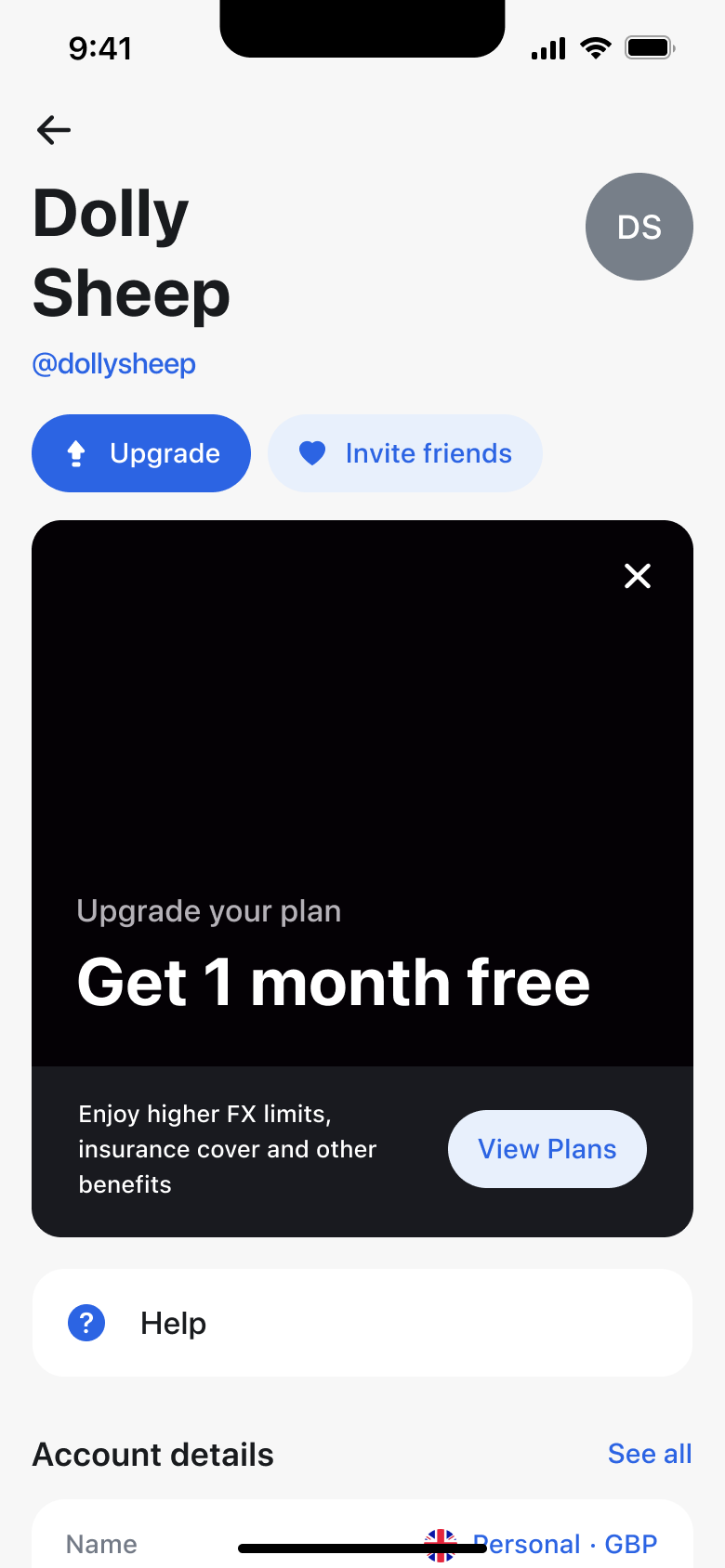 Profile with upgrade and invite buttons, plan promo card and account details.