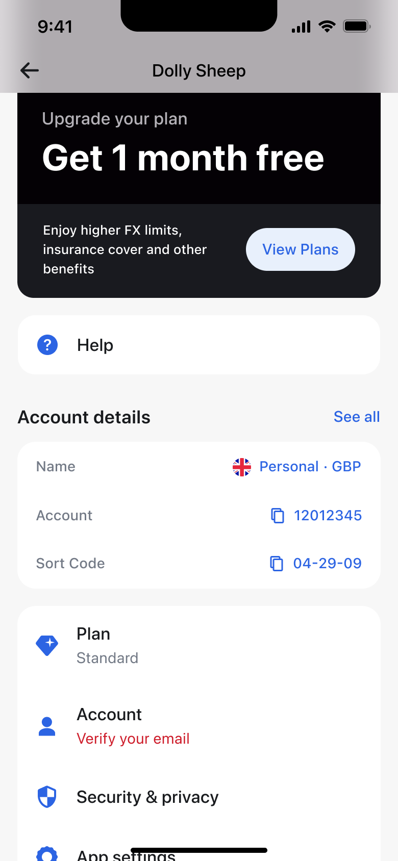 Profile scrolled: upgrade promo, help, account details, plan, account and security rows.