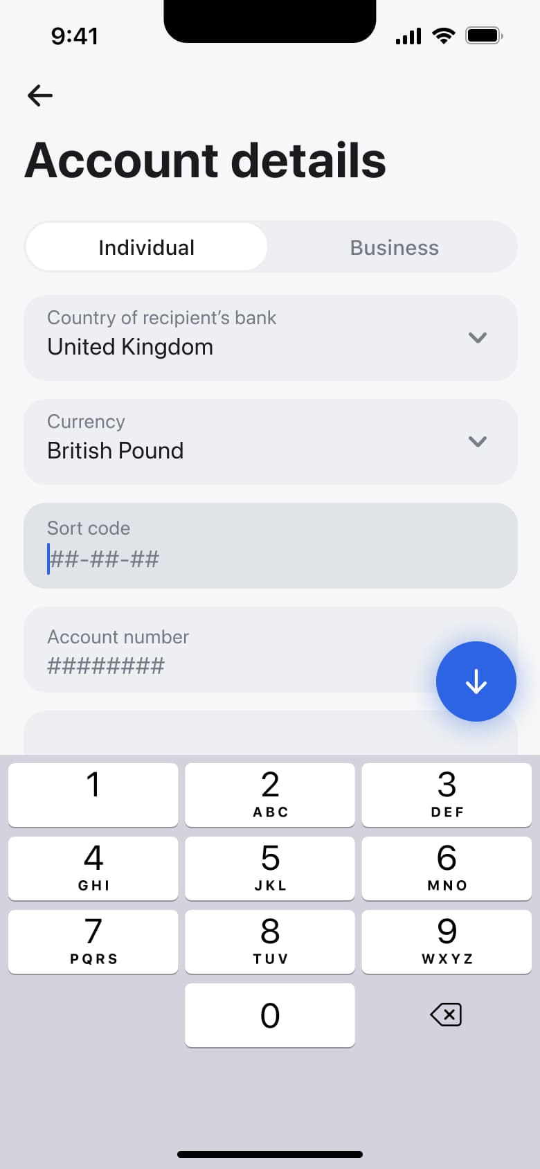 Recipient account details: individual or business, country, currency, sort code entry.
