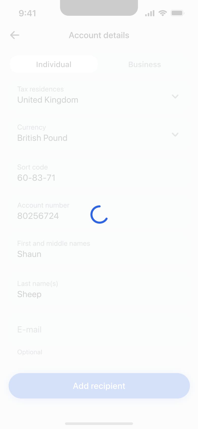 Adding recipient loading over the account details form.