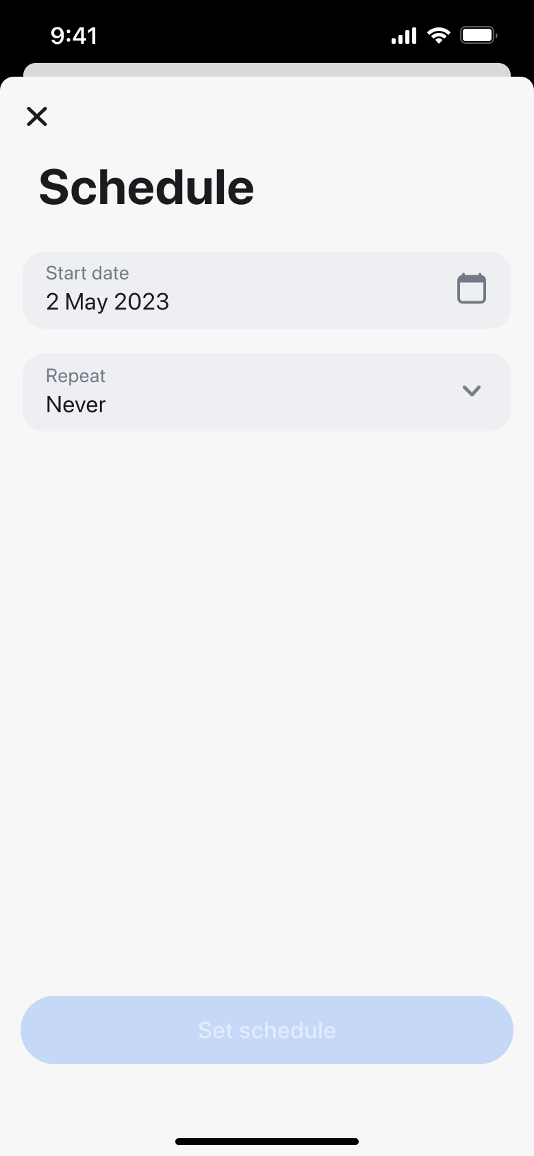 Schedule transfer: start date and repeat frequency.
