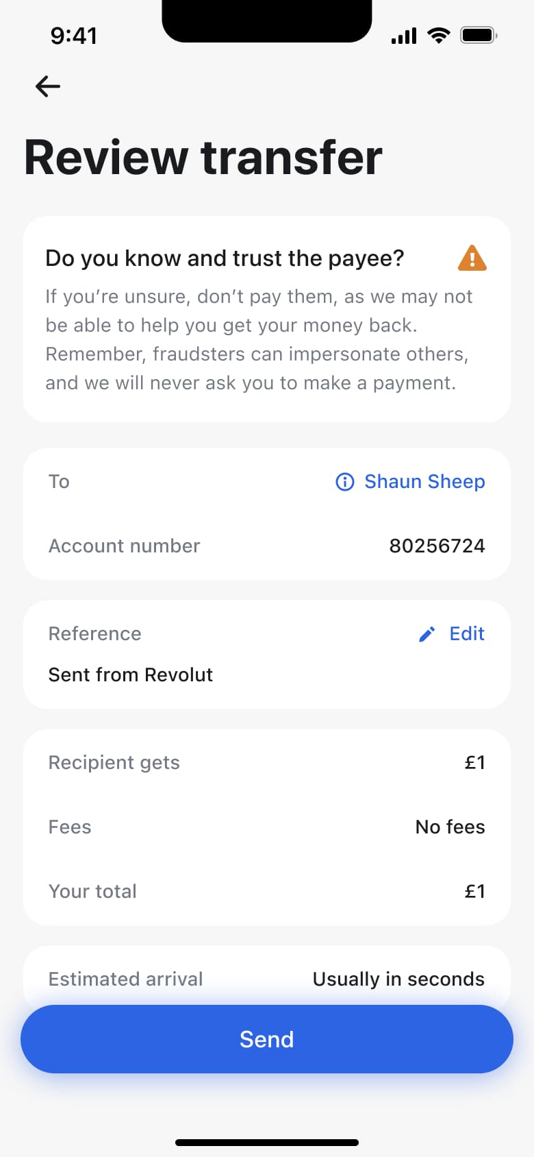 Review transfer: payee warning, recipient, reference, fees and total with send button.